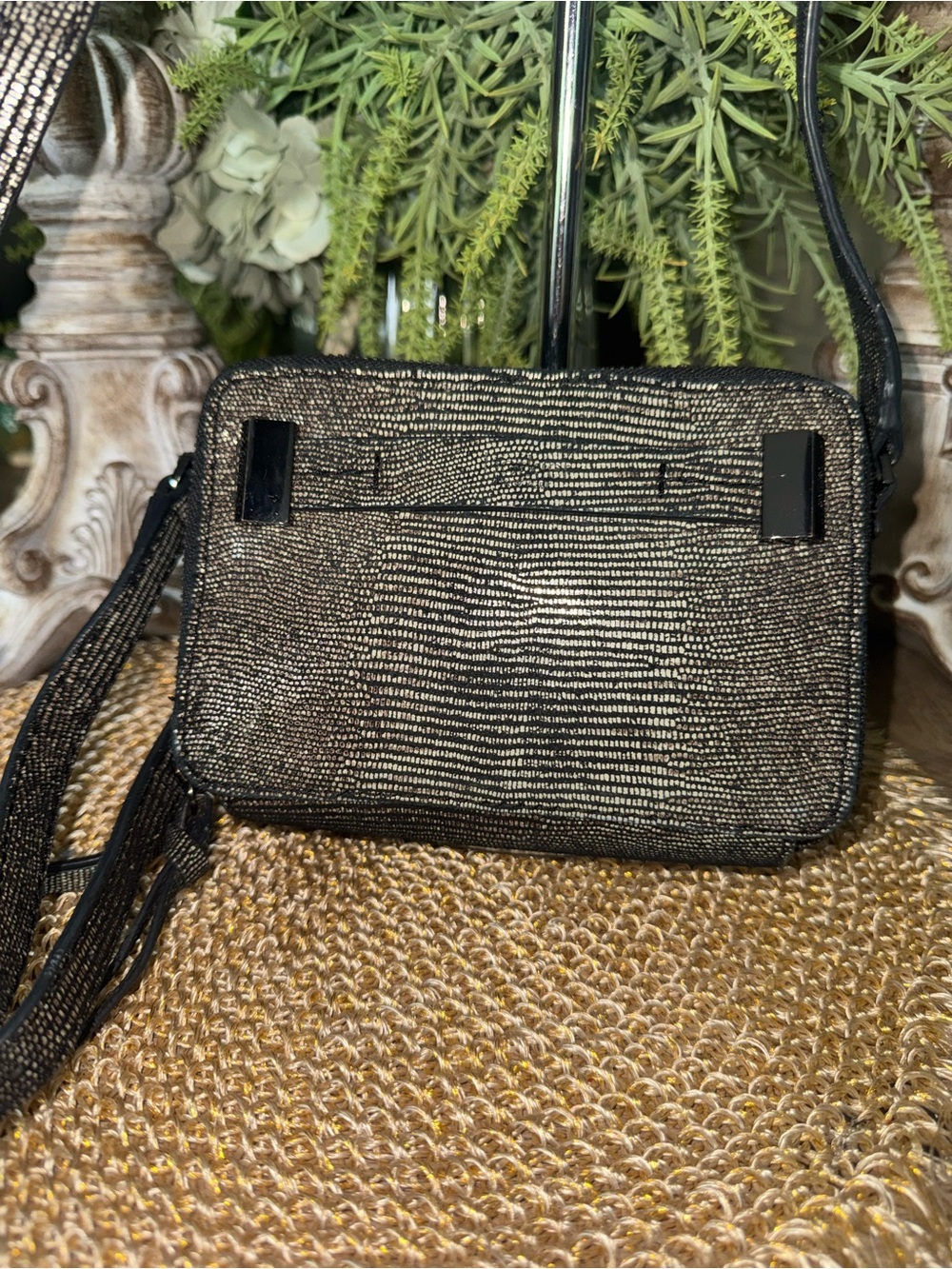 NWOT BOTKIER Metallic Black Crossbody Bag 2 Compartments with Wallet Section